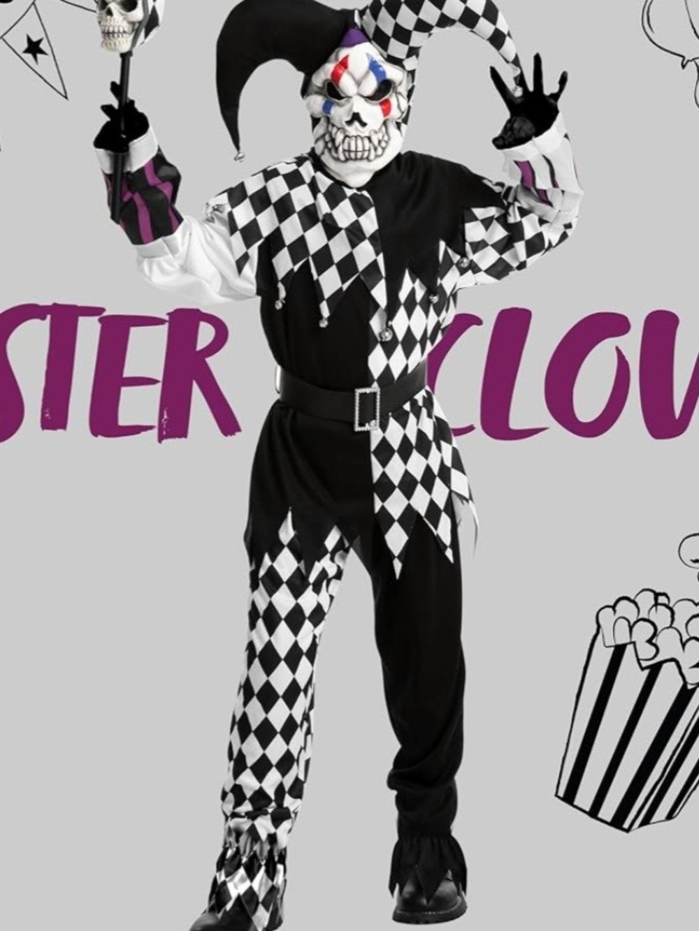 Spooktacular Creation Kids XL Harlequin Jester Clown Costume with Skull Mask